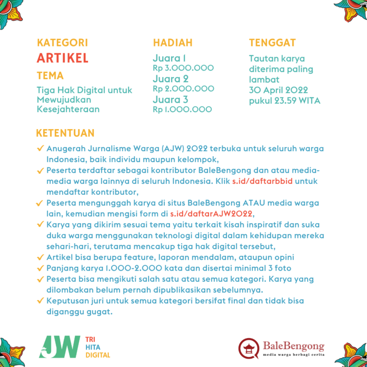 Anugerah Jurnalisme Warga 2022 Mengusung Tri Hita Digital (Diperpanjang 14 Mei)